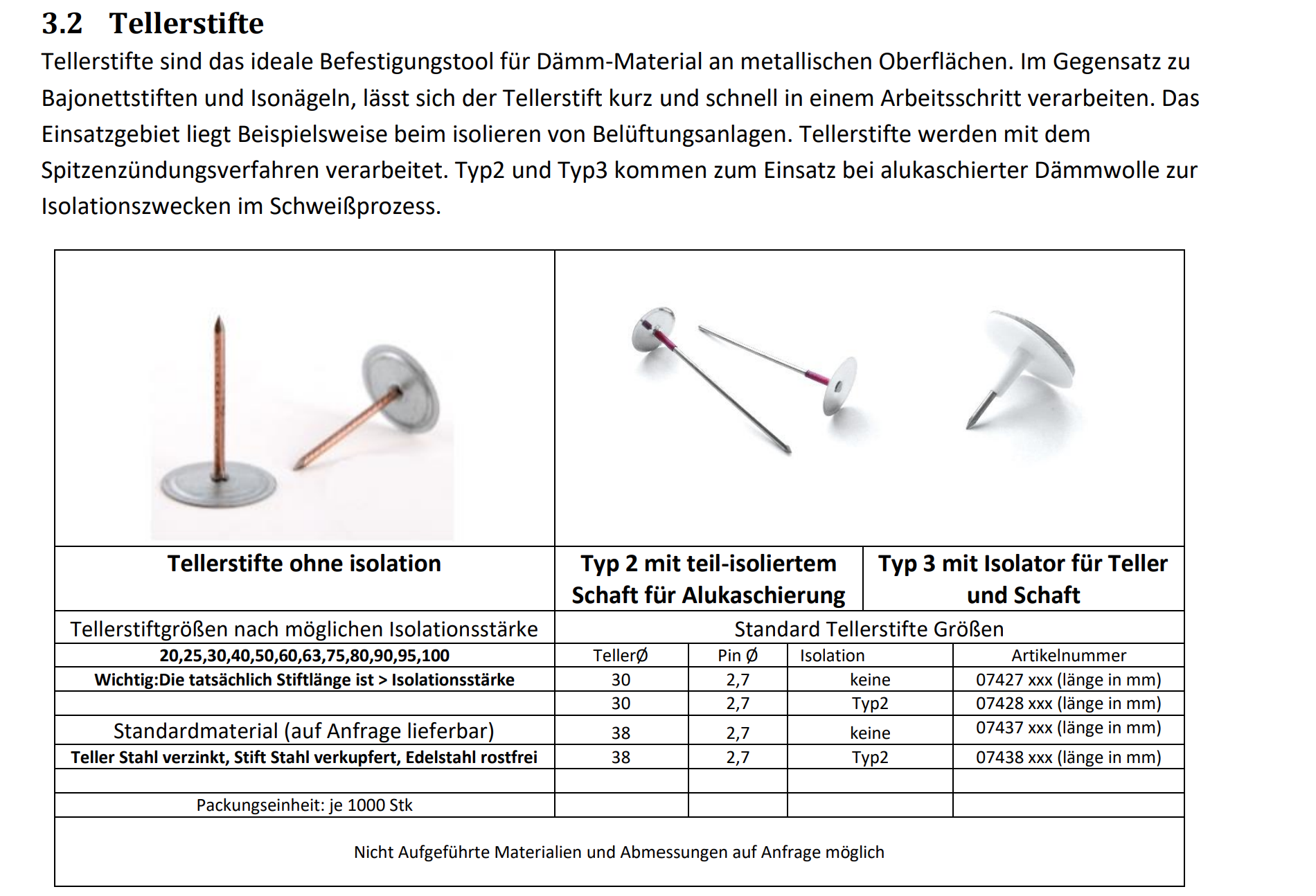 Tellerstifte Sortimentstabelle